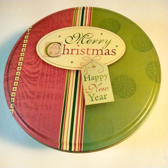 Brother Sister Cookie Tin Merry Christmas Happy New Year REd Green Canister - Picture 2 of 6